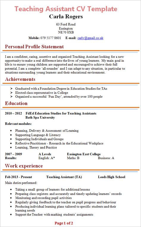 Teaching Assistant CV Template + Tips and Download – CV Plaza Resume Format For Teaching Job, Cv For Teaching, Teacher Cv Template, Basic Resume Examples, Teacher Cv, Cv Example, Teaching Resume, Educational Assistant, Resume Profile