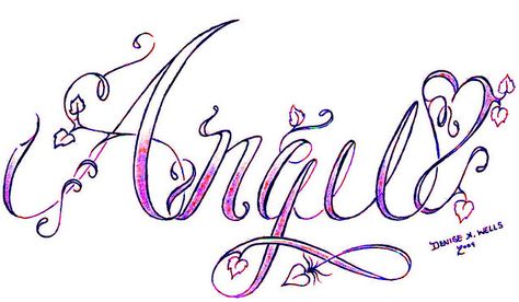 "Angel" Tattoo by Denise A. Wells by ♥Denise A. Wells♥, via Flickr Angel Name Tattoo Fonts, Angel Name Tattoo, Tattoo Writing Fonts, Angel Name, White Henna Tattoo, Angle Tattoo, Name Drawings, Aries Tattoo, Graffiti Words