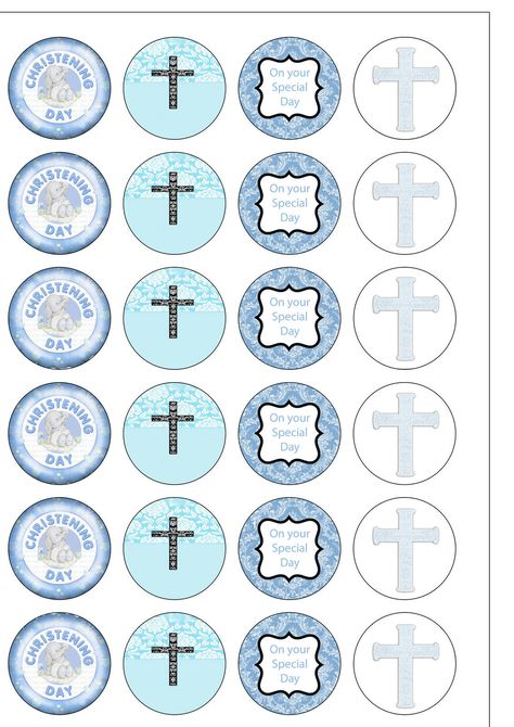 24 PRECUT Gorgeous Baby Boy Christening Edible Wafer Paper Cupcake Toppers These really lovely Christening Edible cake toppers are printed on quality wafer/rice paper with edible inks. There are 4 designs printed in lovely pastel blues. You will receive 6 of each design , exactly as shown in the picture. They are precut out for you in 40mm circles so all you have to do is place them on your cakes. Shelf life of 9 - 12 months if kept dry. Ingredients Potato starch, Veg. oil and water. This produc Baby Boy Baptismal Cake Topper Printable, Baby Boy Christening Cake Topper Printable, Baptismal Cake Topper Boy Printable, Baptismal Cake Topper Printable, Christening Cake Topper Printable, Christening Cupcakes Boy, Christening Cupcake Toppers Printable, Christening Topper, Boy Cupcakes