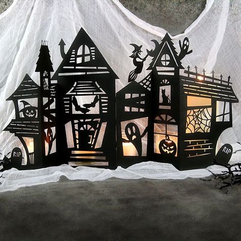 Host a spooky soiree with creative decorations like haunted manors, acrylic lanterns, and fun Cricut projects that will impress your guests this Halloween! Soiree Party Ideas, Spooky Soiree, Haunted Manor, Soiree Party, Imprimibles Halloween, Silhouette Halloween, Cricut Inspiration, Svg Laser Cut Files, Acrylic Blanks