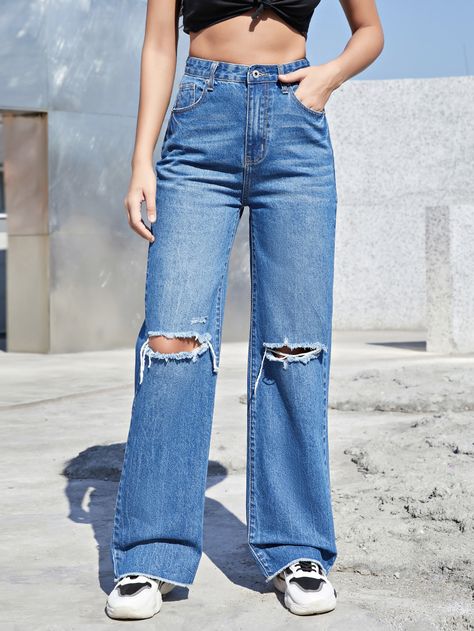 Medium Wash  Collar  Denim Plain Straight Leg Embellished Non-Stretch  Women Denim Damage Jeans For Women, Damage Jeans, Ripped Wide Leg Jeans, Birthday Collage, Jeans For Women, Wide Leg Denim, Wide Leg Jeans, Leg Jeans, Levi Jeans