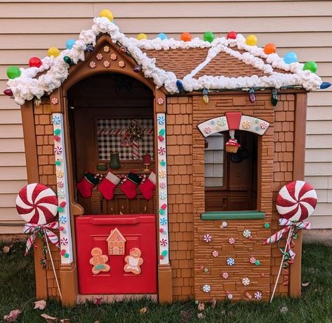 Gingerbread Christmas lovers | I refinished a Little Tikes Playhouse to look like an actual Gingerbread House | Facebook Turn Playhouse Into Gingerbread House, Gingerbread Little Tikes House, Little Tikes Playhouse Gingerbread House, Little Tikes Gingerbread House, Build Your Own Gingerbread House, Toddler Gingerbread House, Diy Gingerbread Playhouse, Gingerbread Play House, Playhouse Gingerbread Makeover