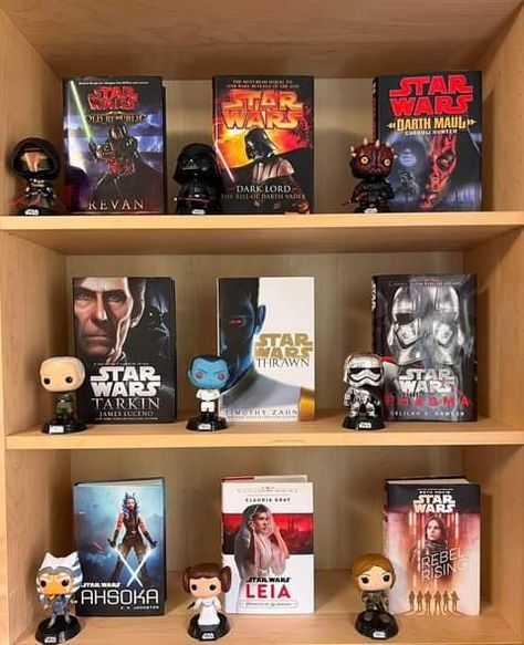 Star Wars Book Display, Star Wars Book Collection, Star Wars Room Decor Aesthetic, Star Wars Bedroom Aesthetic, Star Wars Bookshelf, Star Wars Funko Pop Display, Star Wars Aesthetic Room, Star Wars Display Ideas, Star Wars Bedroom Ideas For Adults