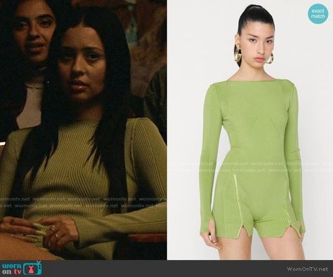 Maddy’s green ribbed romper on Euphoria. Outfit Details: https://wornontv.net/271885/ %23Euphoria Euphoria Alexa Demie, 2000s Latina Fashion, All Green Outfit, Euphoria Outfits, Euphoria Clothing, Maddy Perez, Ribbed Romper, Euphoria Fashion, Gala Outfit