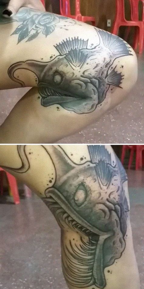 Bend Of Knee Tattoo, Morphing Tattoo Ideas, Bend Of Leg Tattoo, Creative Moving Tattoo Ideas, Creative Moving Tattoos, Large Body Tattoos For Women, Moving Leg Tattoo, Tattoos That Move, Elbow Moving Tattoo