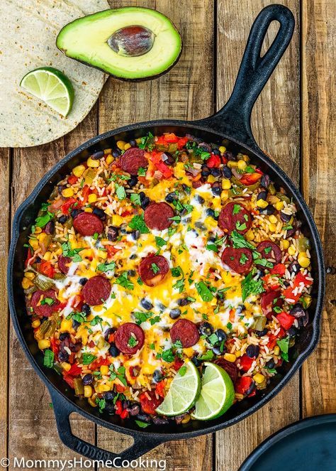 This Chorizo Burrito Skillet is incredibly easy to pull off and tastes extraordinary! A family-pleasing meal that is Ready in 30 minutes. https://mommyshomecooking.com Chorizo Burrito, Chorizo Recipes Dinner, Burrito Skillet, Burrito Recipe, Chorizo Recipes, Bacon Chicken, Eggless Recipes, Recipe Dinner, Skillet Meals