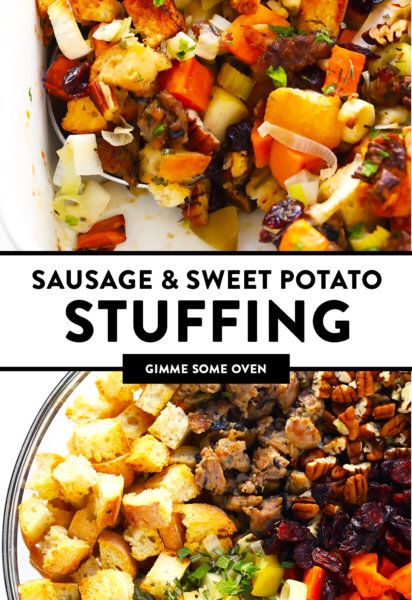 The BEST Sausage and Sweet Potato Thanksgiving Stuffing! | Gimme Some Oven Sweet Potato Stuffing Thanksgiving, Sweet Potato Stuffing, Thanksgiving Sausage, Sausage And Sweet Potato, Sauteed Sweet Potatoes, Thanksgiving Stuffing Recipe, Potato Stuffing, Stuffing Thanksgiving, Vegetables Dishes