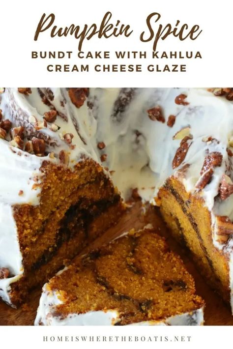 Latte Lover’s Pumpkin Spice Bundt Cake with Kahlúa-Cream Cheese Glaze #nationalbundtday #cake #pumpkinspice #thanksgiving #dessert #recipes Spiced Bundt Cake, Pumpkin Spice Bundt Cake, Spice Bundt Cake, Kahlua And Cream, Thanksgiving Dessert Recipes, Starbucks Cake, Glazed Pecans, Cream Cheese Glaze, Coffee Cake Recipes