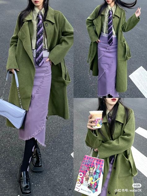 Green Female Outfits, Purple And Green Aesthetic Outfit, Purple And Green Fashion, Purple And Green Outfits, Purple Green Outfit, Purple And Green Outfit, Green And Purple Outfit, Army Green Outfit, Harajuku Outfit