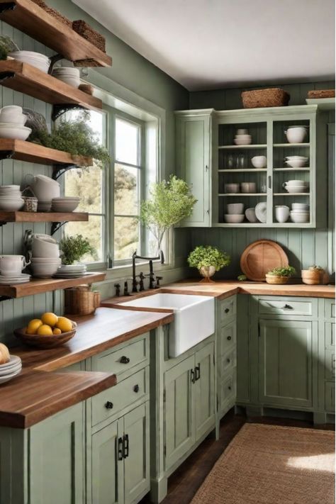 Farmhouse Islands In Kitchen, Island Cabinets Different Color, Sage Green Kitchen Cabinets Rustic, Green Kitchen Cabinets Grey Walls, New Build Kitchen Cabinet Ideas, Butcher Block Countertops Sage Cabinets, Sage Green And Cream Kitchen Cabinets, Kitchen Rectangle Layout, Craftsman Kitchen Remodel Ideas