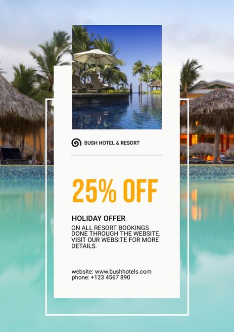 Hotel booking flyer / poster template. Editable text, background and image. Hotel Anniversary Poster, Resort Creative Ads, Hotel Promotion Design, Resort Poster Design, Hotel Marketing Design, Hotel Advertisement, Resort Poster, Travel Advertising Design, Hotel Poster