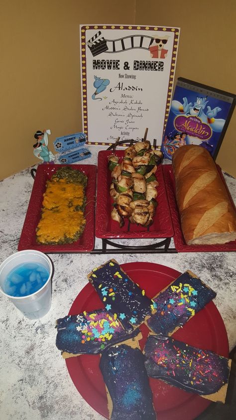 Aladdin movie night Movies And Dinner Ideas, Christmas Movie Night Dinner, Disney Movie Dinner Night, Aladdin Themed Food, Aladdin Movie Night Food, Aladdin Food Ideas, Aladdin Movie Night, Aladdin Themed Dinner, Pixar Dinner And Movie Night