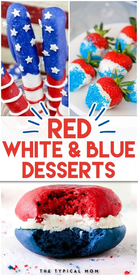 These are the BEST EVER red white and blue desserts to share at your 4th of July, Memorial Day party, or Flag Day event this year! Easy, beautiful, patriotic dessert recipes - from fruit pizzas to popsicles to crinkle cookies to red, white, and blue trifles and whoopee pies! Each recipe is cheap and quick to prepare. Perfect for a 4th of July party or Memorial Day cookout! Red White And Blue Deserts, Memorial Day Desserts Easy, Patriotic Strawberries, Red White And Blue Mixed Berry Yum Yum, 4thbof July Desserts, Red White Blue Desserts, Fouth Of July Desserts, 4th Of July Desert Red White Blue, Memorial Day Dessert