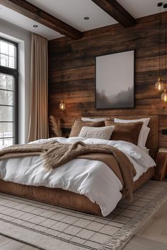 Hunting Ranch Decor, Scandinavian Rustic Interior Bedroom, Master Bed Low To Ground, Chic Log Cabin Interior, Craftsman Bedroom Aesthetic, Mountain Chalet Interior Bedroom, Modern Log House Interior Design, Mountain Cabin Aesthetic Bedroom, Mountain House Interior Bedroom