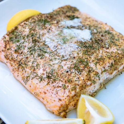 Salmon With Mustard, Mountain Kitchen, Dill Recipes, Dill Salmon, Mustard Salmon, Lemon Salmon, Lemon Dill, Game Recipes, Roasted Salmon