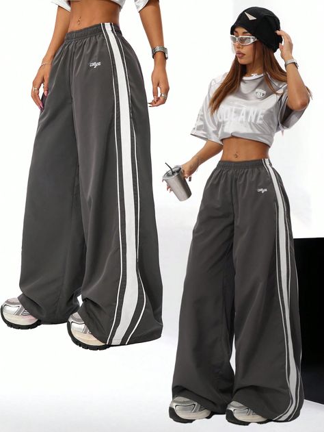 Women's Spring/Summer Casual Sport Hip Hop Banded Texture Decoration Sweatpants,Back To School Clothes Grey Casual   Woven Fabric Colorblock,Letter,Striped Wide Leg Non-Stretch  Women Clothing, size features are:Bust: ,Length: ,Sleeve Length: