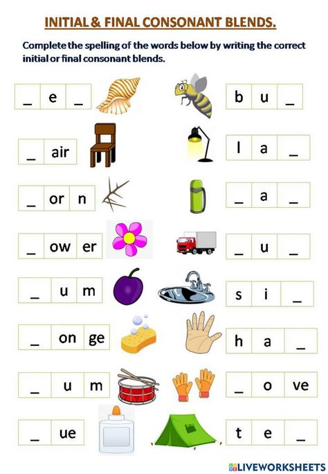 Nouns Worksheet Kindergarten, Worksheets For 4th Grade, Middle Sounds Worksheet, Final Consonant Blends, Initial Consonant Blends, Consonant Blends Worksheets, Final Blends, Teaching Vowels, Free English Worksheets