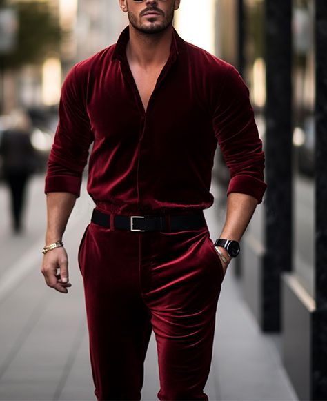 Okaywear Business Straight Leg Pockets Shirt Collar Velvet Jumpsuit Style: Business, Semi Formal Color: Burgundy, Purple, Green, Gold, Black Material: Velvet Fit Type: Regular Fit Pattern Type: Solid Neckline: Shirt Collar Details: Pockets, Long Sleeve Product Type: Presell Item ID: YL03566 48.79 Men Bodysuit, Velvet Outfit, Burgundy Jumpsuit, Smart Casual Wear, Velvet Jumpsuit, Jumpsuit Men, Hot Jeans, Blazer Shirt, Pocket Shirt