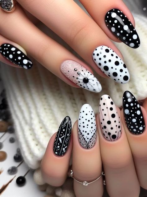 A whimsical black and white nail design featuring tiny polka dots and playful patterns, adding a touch of fun to the fingertips Polka Dots Nails Design, Black And White Dot Nails, Polka Dots Nails, Black And White Nail, Black And White Nail Designs, Polka Dot Nail Designs, Yellow Nails Design, Popular Nail Art, Sleep Token