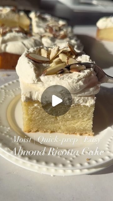 Easy Almond Cake, Almond Ricotta Cake, Moist Almond Cake, Almond Ricotta, Sweet Whipped Cream, Almond Cake Recipe, Ricotta Cake, Whipped Cream Frosting, Almond Cake