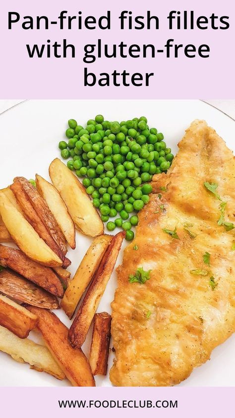 A piece of fish on a plate with chips and peas. Gluten Free Fish Batter Recipe, Gluten Free Fish Batter, Fried Fish Fillet Recipe, Fried Cod Fish Recipes, Gluten Free Fish And Chips, Pan Fried Fish Recipes, Fried Cod Recipes, Cod Fillet Recipes, Fried Cod Fish