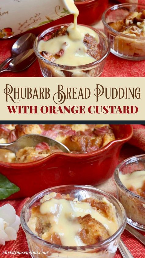 Rhubarb Pudding Cake Recipe, Rhubarb Bread Pudding Recipe, Rhubarb Sticky Pudding, Fruit Bread Pudding Recipe, Rhubarb And Custard Recipes, Bread Pudding With Custard, Custard Bread Pudding Recipe, Rhubarb Bread Recipe, Rhubarb Bread Pudding