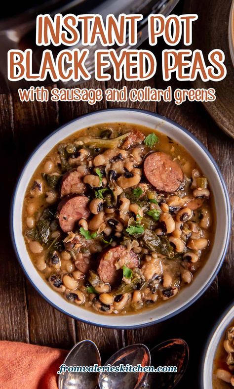 These Instant Pot Black Eyed Peas are pressure cooked with smoked sausage and collard greens with no soaking in advance. Tender, loaded with smoky flavor, and oh so satisfying. This is serious comfort food! Black Eyed Peas And Collard Greens Instant Pot, Instapot Black Eyed Peas Recipe, Black Eyed Peas Instant Pot, Black Eyed Pea Soup, Black Eyed Peas Recipe, Kielbasa Recipes, Easy Dinner Recipes Crockpot, Sausage Dishes, Smoked Cooking