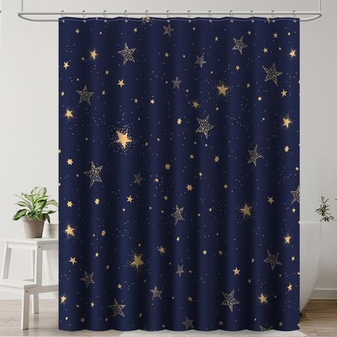 PRICES MAY VARY. Premium Quality: Made of 100% heavy-duty polyester fabric, Amaredom shower curtain is made to withstand moisture-rich bathroom environment. Light can shine through the fabric but one cannot see through it Deep Dark Fantasy: Star pattern design, makes you feeling like Bathing in the stars. Relaxing. Counting stars in the bath Metal Hooks with Round Beads: Comes with 12 beautiful stainless steel hooks which has 5 round beads that roll on the shower curtain rod easily and smoothly. Rich Bathroom, Star Shower, Fabric Shower Curtain, Timeless Decor, Shower Curtain Rods, Shower Curtain Set, Bathroom Decoration, Printed Curtains, Bathroom Design Luxury