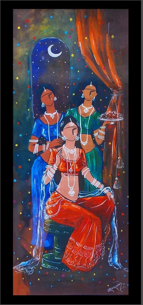 Indian Lady Painting Art Beautiful, Composition Painting Watercolour, Matir Thala Painting, Creative Composition Painting Ideas, Indian Art Paintings Galleries, World Art Painting, Beautiful Painting Ideas, Symbolism Art, Phad Painting