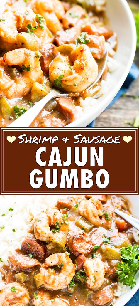 Cajun Shrimp and Sausage Gumbo is made the authentic way by beginning with a roux, adding the "holy trinity", and tossing in andouille sausage and fresh Gulf shrimp.  This gluten-free seafood gumbo is actually rather easy to make. Make this flavorful dinner to celebrate Mardi Gras or to enjoy classic Louisiana cooking all year long!  #cajun #gumbo #mardigras #shrimp #creole Gluten Free Gumbo Recipe, Mardi Gras Dinner Party, Shrimp Gumbo Recipe, Cajun Shrimp And Sausage, Mardi Gras Dinner, Shrimp And Sausage Gumbo, Cajun Gumbo, Seafood Gumbo Recipe, Gumbo Recipe Sausage