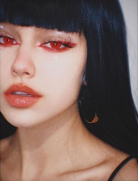 Red Eye Contacts, Red Eyes Contacts, Contacts Makeup, Red Contacts, Red Eye Makeup, Eye Contacts, Vampire Makeup, Rave Makeup, Girls With Black Hair