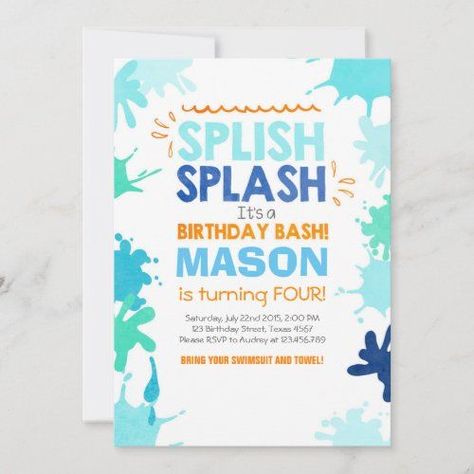 $2.66 | Splish Splash birthday invitation Boy #invitation #birthdayinvitation #summerbirthday #sunshineparty #invitationbirthday #splishsplash #birthdaybash #poolparty #swimsuit #towel #cute #waterbirthday Splish Splash Birthday Bash, Pool Birthday Invitations, Water Birthday, Summer Birthday Invitations, Sunshine Party, Summer Party Invitations, Beach Birthday Party, Pool Birthday, Splash Pool