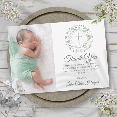 Baptism, Christening Laurel Floral Photo Thank You Card - Christening Gifts Baptism Thank You Cards, Photo Thank You Cards, Christian Cards, Cardboard House, Cardboard Art, Baptism Invitations, Floral Photo, Christening Gifts, Cardboard Crafts