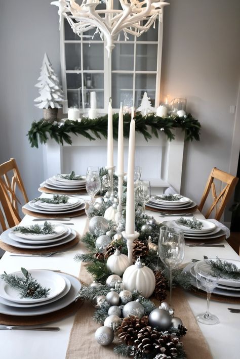 Create a magical all-white Christmas table that sparkles! Learn how to layer different shades of white with silver and crystal for a breathtaking winter wonderland effect. Includes frosted decor ideas and lighting tips. #WinterWonderland #WhiteChristmas #HolidayMagic White And Silver Christmas Tablescapes, Silver Christmas Table Settings, Winter Wonderland Christmas Table, White Christmas Table Decor, Silver Christmas Table, White Christmas Table, Different Shades Of White, Christmas Dinner Table Settings, Movie Christmas