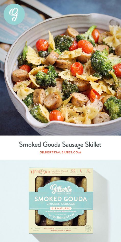 Smoked Gouda Sausage Skillet | Gilbert’s Craft Sausages Gouda Chicken, Gouda Recipe, Chicken Sausage Recipes, Sausage Skillet, Sausage Dinner, Recipe Using Chicken, Sausage Dishes, S Craft, Smoked Gouda