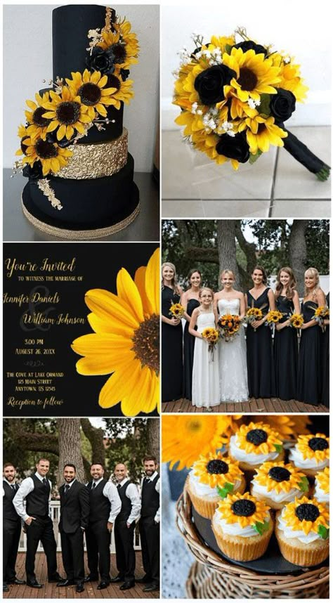 Black Maroon And Sunflower Wedding, Black Roses With Sunflowers, Sunflowers And Black Roses, Black Wedding With Sunflowers, Sunflower And Black Wedding, Black And Yellow Wedding Theme, Black And Sunflower Wedding, Sunflower Wedding Dress, Sunflower And Rose Wedding