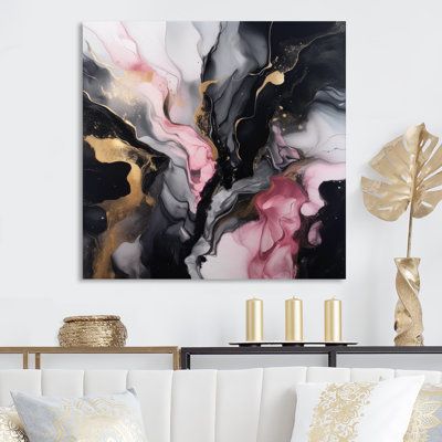 Bring Contemporary Abstraction to your home with this beautiful Metal Wall Décor. Available in several size, this "Black Gold Marble Splash II" Metal Artwork makes it the focal point of any room or office. | Mercer41 Black Gold Marble Splash II - Abstract Marble Metal Wall Decor black/gray/pink 16.0 x 16.0 x 1.0 in | Home Decor | C100181316_181166561 | Wayfair Canada Abstract Wall Art Living Room, Marble Wall Art, Living Colors, Marble Frame, Koi Art, Black And Gold Marble, Salon Ideas, Business Decor, Living Room Canvas