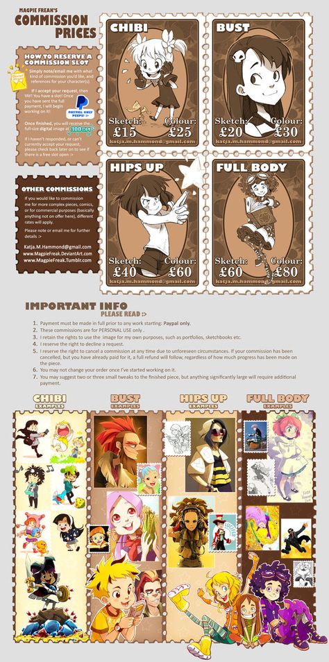 Commission Prices by MagpieFreak on DeviantArt Commission Art Sheet, How To Do Commission Art, Art Commision Sheet, Art Commission Tips, Character Commission Sheet, Commission Sheet Example, Digital Art Commission Prices, Art Comission Prices, Art Commision Sheet Template