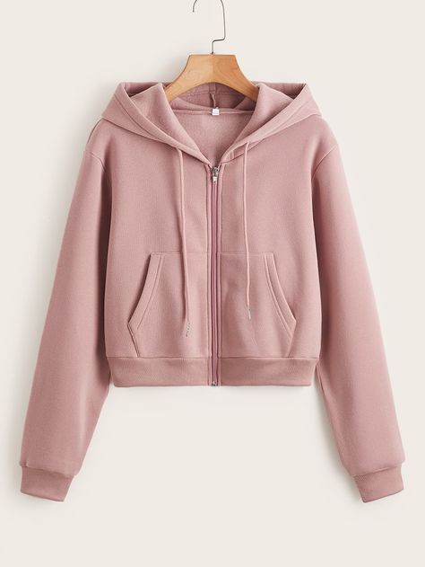 Dusty Pink Casual  Long Sleeve Polyester Plain Zip Up  Slight Stretch Fall/Winter Women Sweatshirts Skirt Shorts Outfit, Bright Color Dresses, Women Sweatshirts, Kangaroo Pocket Hoodie, Pocket Hoodie, Outerwear Vest, Zip Up Hoodies, 여자 패션, Hoodies For Sale