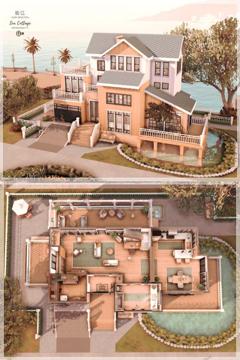 Sims 4 San Sequoia, Sims 4 Penthouse, San Sequoia, Sims 4 Family House, Sea Cottage, Sims 4 Houses Layout, The Sims 4 Lots, Sims 4 Family, Sims 4 House Plans