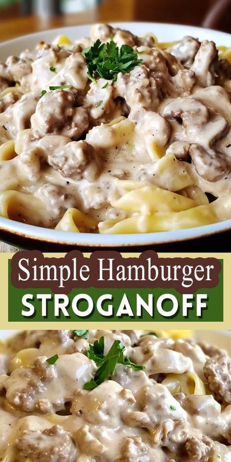 Ingredients: 1 (8 ounce) package egg noodles 1 pound ground beef 1 (8 ounce) package cream cheese 1 (4.5 ounce) can sliced mushrooms (with liquid) 1 packet brown gravy mix 1 (10.75 ounce) can condensed cream of mushroom soup 1/2 cup sour cream 1/4 cup milk Easy Hamburger Stroganoff, Hamburger With Egg, Condensed Cream Of Mushroom Soup, Hamburger Stroganoff, Cheese Mushrooms, Recipes Using Ground Beef, Egg Noodle Recipes, Ground Beef Stroganoff, Brown Gravy Mix