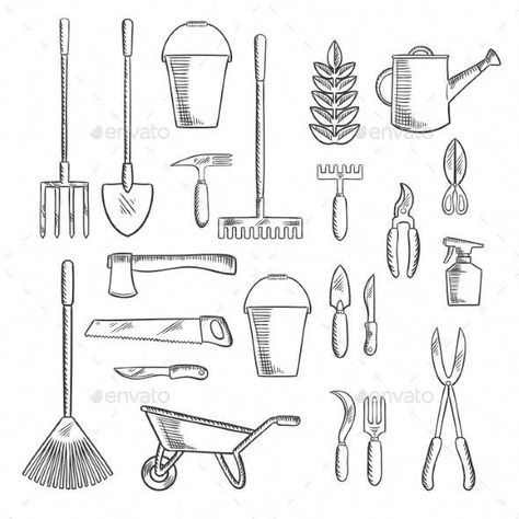 Unkempt Power Tools Learning #ToolsForHope #ElectricalHandTools Gardening Tools Illustration, Farm Tools And Equipment, Bucket Drawing, Isometric Sketch, Flowers Bucket, Tool Tattoo, Agricultural Tools, Sketch Icon, Garden Drawing