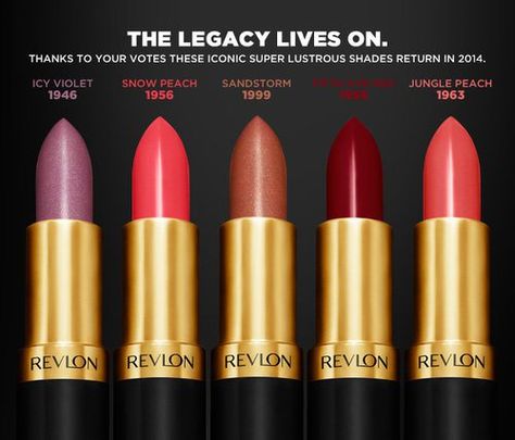 Revlon will be re-releasing discontinued lipstick shades dating all the way back to the 1940's in Spring 2014. Discontinued Beauty Products, Revlon Cosmetics, Revlon Lipstick, Revlon Super Lustrous Lipstick, Retro Makeup, Info Graphics, Revlon Super Lustrous, Lipstick Collection, Vintage Makeup