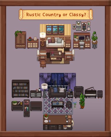 Stardew Valley House Exterior Color, Stardew Valley Furniture Catalog, Stardew Valley Fashion Sense Mods, Stardew Valley Color Palette, Stardew Furniture Mods, Stardew Valley House Interior Ideas No Mods, Stardew Valley Mods Furniture, Stardew Valley Nursery, Stardew Valley Furniture Mod