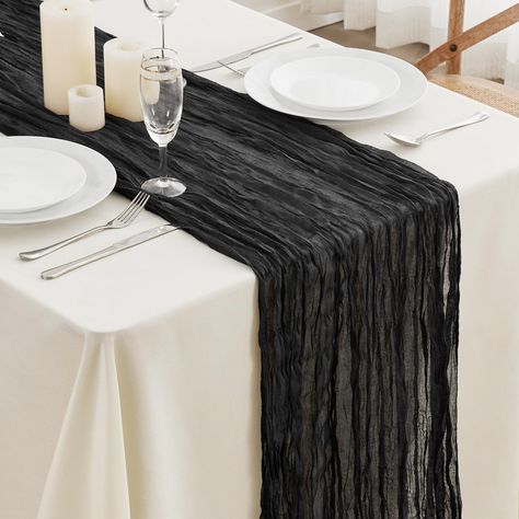 PRICES MAY VARY. Polyester [PACKAGE INCLUDED]: 1 Pieces extra long Black cheesecloth table runner (35''x160''/13.3FT). Elegant and good looking design, exquisite in craftsmanship.Ideal for special occasions where you need to host larger groups, it adds an elegant touch to any event. [MATERIAL]: This cheese gauze table runner is made from high quality premium gauze table runner with wrinkled gauze fabric.Soft to the touch, reusable, washable and fade resistant.The high-quality fabric drapes beaut Black Cheesecloth Table Runner Wedding, Sheer Table Runner, Cheese Cloth Table Runner, Table Runner For Wedding, Cloth Table Runner, Bridal Shower Decorations Rustic, Birthday Party Table Decorations, Boho Party Decorations, Birthday Party Table