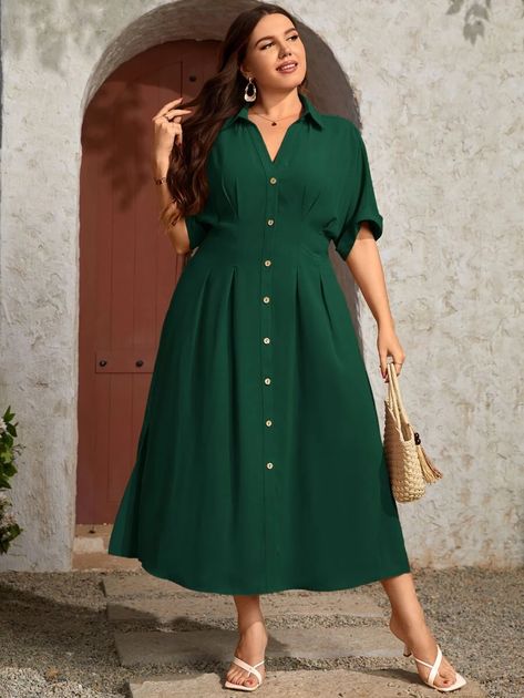 Plus Button Front Plicated Detail Batwing Sleeve Shirt Dress | SHEIN USA Simple Cotton Frocks For Women, Dress For Big Size Woman, Cotton Frocks For Women, Causal Frocks, Simple Dress Styles, Batwing Sleeve Shirt, Simple Frock Design, Frock For Women, Cotton Kurti Designs