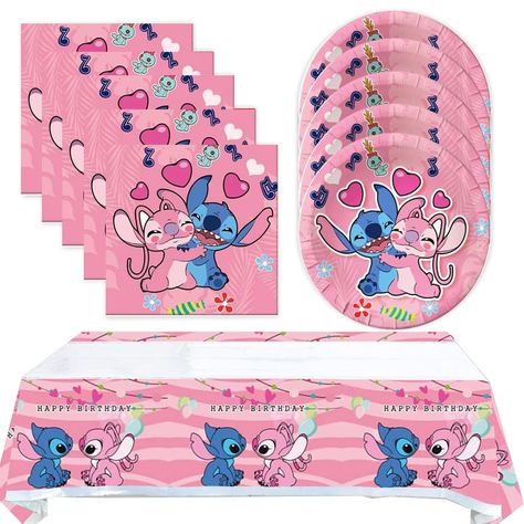 PRICES MAY VARY. 1.Birthday Party Tableware Set include: 20 party plates and 20 napkins and a themed tablecloth, perfect party decorations, guaranteed to impress your child and guests. 2.High quality: We use strict food-grade paper materials, strict quality control, high-quality napkins are soft, strong in water absorption, environmentally friendly, biodegradable, odorless, safe and durable, beautiful patterns and bright colors, providing you with an unforgettable themed party. 3.Wide use of the Pink Lilo And Stitch, Lilo And Stitch Birthday Party, Lilo And Stitch Party, Lilo And Stitch Birthday, Stitch Birthday Party, Stitch Party, Stitch Birthday, Pink Stitch, Lilo Y Stitch