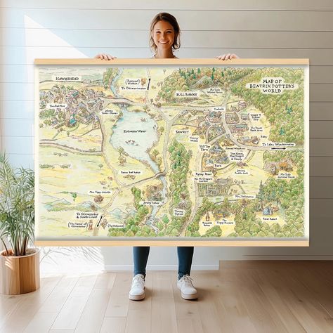 Extra Large Peter Rabbit Watercolor Map | Beatrix Potter World Map Textile Wall Hanging | Nursery Art | Canvas Print Wall Tapestry hn66