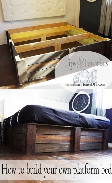 Tutorial how to build your own platform bed using 2x6s. Easy, Workshop, DIY. Platform Bed Low, Queen Bed Frame Diy, Bed Frame Diy, Diy Benches, Diy Bed Frame Easy, Workshop Diy, Diy Pallet Bed, Diy Platform Bed, Modern Murphy Beds