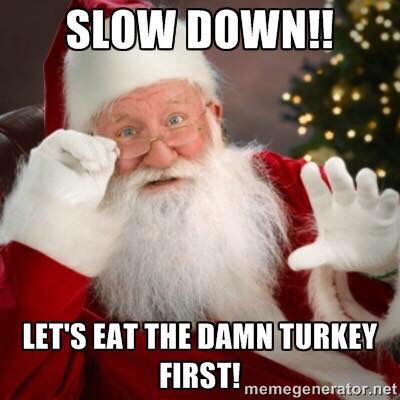 Slow down let's eat the damn turkey first Christmas Memes Funny, Bloc Party, Christmas Memes, Facebook Status, All I Want For Christmas, Wishful Thinking, Santa Clause, Primitive Christmas, E Card